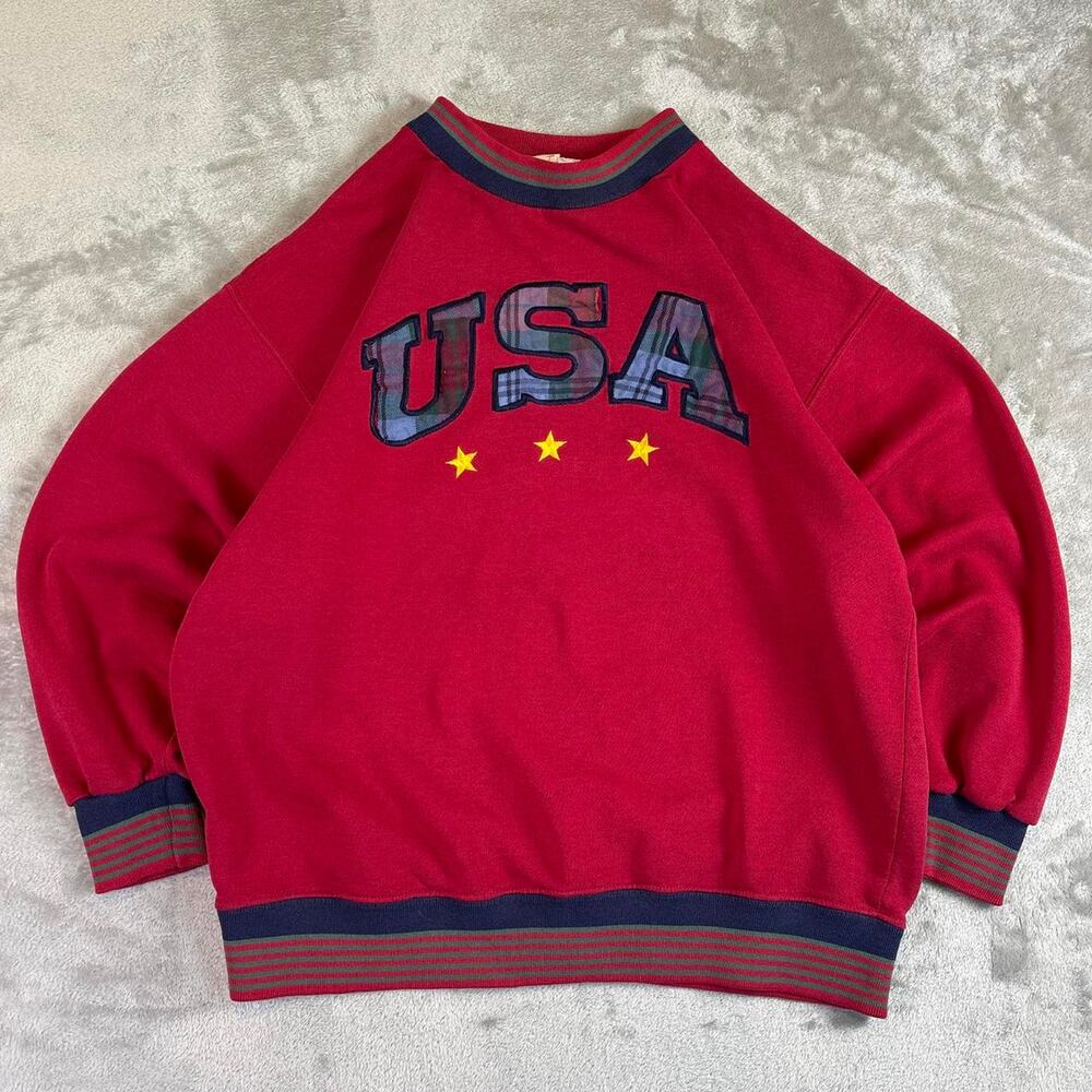 Vintage 90s New Move USA Crewneck Sweatshirt Red Spellout Stars Made in Korea XL